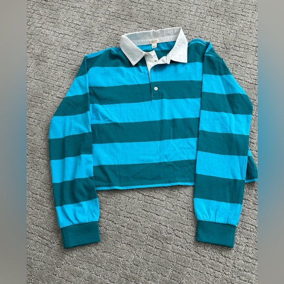 NWT J. Crew Crewcuts girls rugby stripe collared top, blue and teal, XL (12-14) - Picture 3 of 4